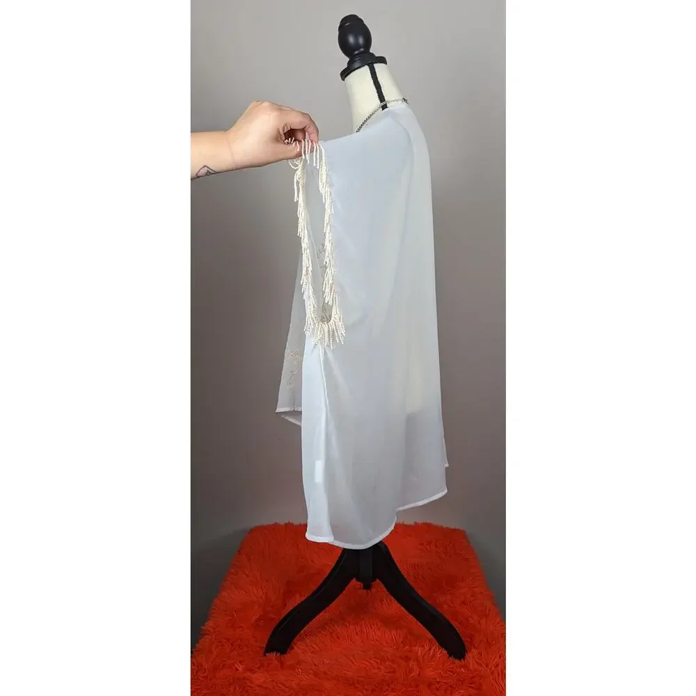 Ella Blue Cream White Floral Embroidered Fringe Sleeves Sheer Kimono M/L